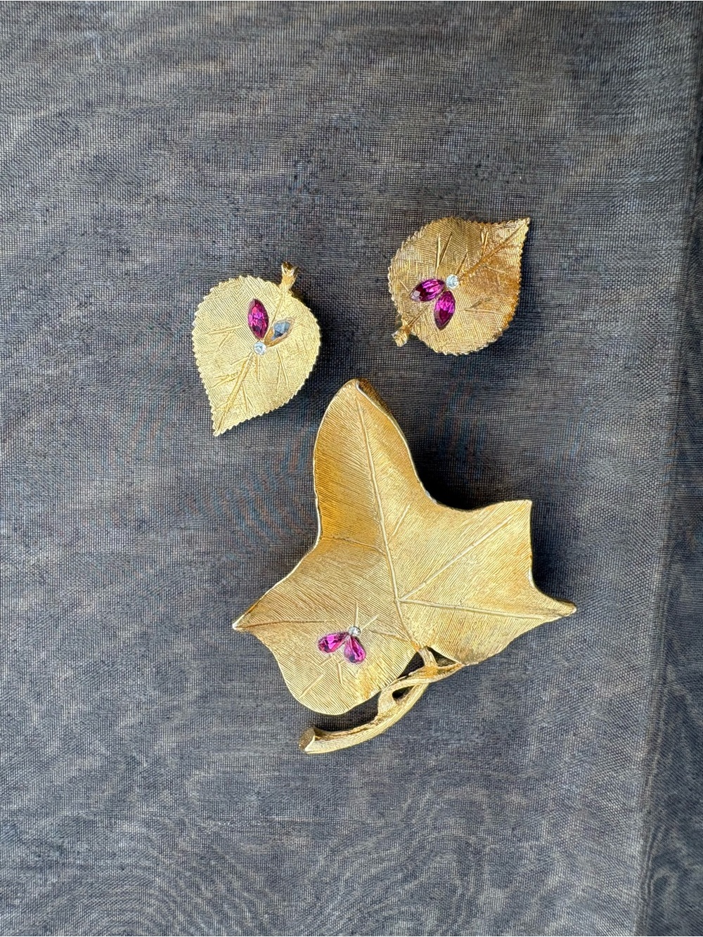 Gold Leaf Brooch and Earring Set with Pink Accent Stones